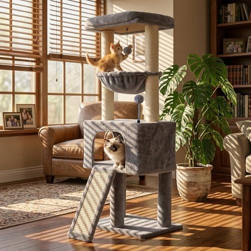 32" Cat Tree for Indoor Cats, 2-in-1 Cat House with Sisal Scratching Post & Ramp, 2-Level Cat Tower with Rotatable Feather & Ball Toys, Stable Grey Cat Condo for Small/Medium Cats, Grey