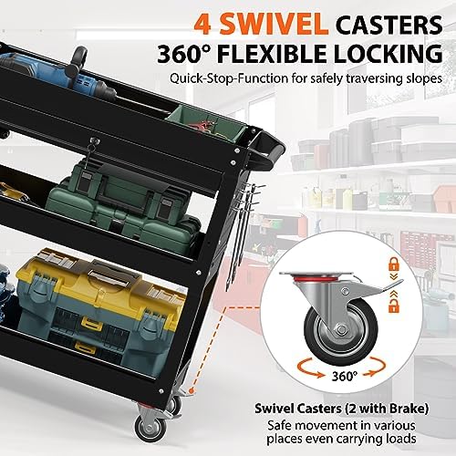 3-Tier Heavy Duty Utility Cart on Wheels, Rolling Tool Cart on Wheels with a Drawer, 350 Lbs Load Capacity Service Cart for Warehous, Garage and Repair Shop (Black)