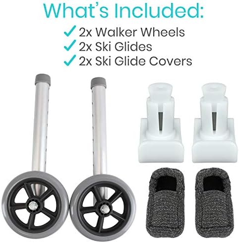 Vive Walker Wheels, Ski Glides, Accessories Covers for Seniors (6 PCS), Replacement Feet Parts Ball Set for Folding Medical Roller Safety- Front
