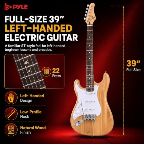 Pyle Electric Guitar and Amp Kit - Full Size 39" Complete Starter Kit with Wearable Bluetooth Amplifier, 1/4” Cable, Carry Case, Strap, Strings, Picks, Cleaning Cloth, ST-Style Pickups (Black)