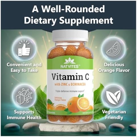 Vitamin C and Zinc Gummies for Adults with Echinacea and Rose Hips – Orange Flavored Gummy Vitamins for Women & Men – Immune Support