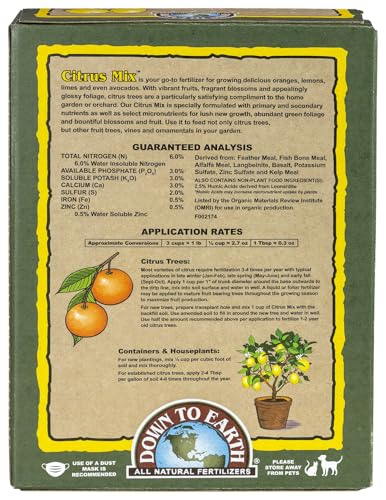 Down To Earth All Natural Fertilizers Organic Citrus Mix - 6-3-3, 1 lb | Plant Food for Lemons, Limes, Oranges, Avocados, Fruit Trees, Vines, Contains Nitrogen, Zinc, Iron, For Blossoms and Fruits
