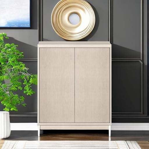 Henn&Hart 28" Fluted Accent Cabinet, Sideboard Buffet, Beech White | Ribbed doors and clean lines create modern charm, with hidden storage