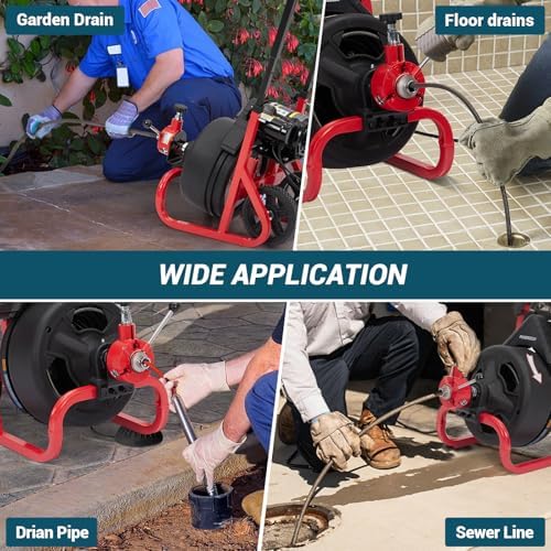 100Ft x 3/8 Inch Drain Cleaner Machine, 370w Electric Drain Auger Machine with Auto-Feed & 6 Cutters, Sewer Snake Auger with Wheels