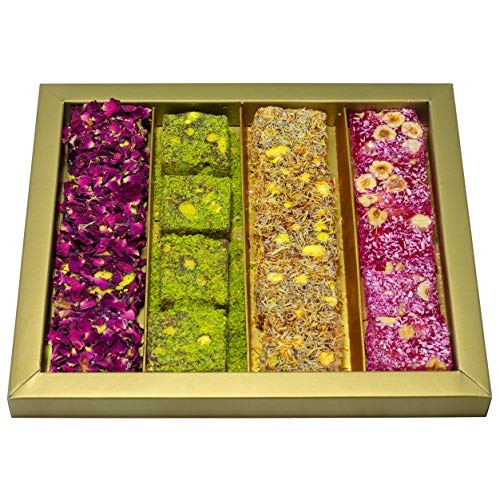 Cerez Pazari Turkish Delight Pistachio with Fantastic Rose & Pomegranate Flavour Experience in Luxury Gift Box 8.8 oz | Assorted Gourmet Soft Candy, Sweet Vegan Traditional Lokum (Loukoumi) (9-11 Pcs)
