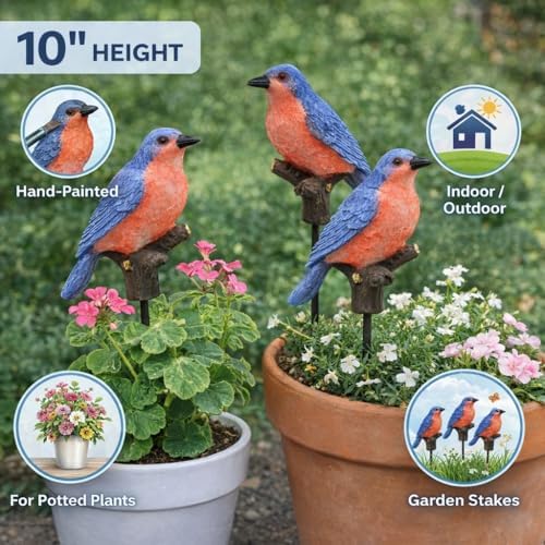 Bluebird Garden Stakes Set of 3 – Decorative Metal Yard & Plant Stakes – Bluebird Outdoor Décor for Flower Pots