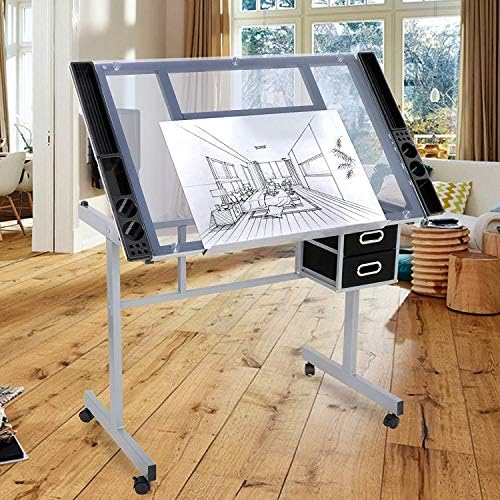 Adjustable Drafting Table Drawing Desk Art Craft Station Drafting Desk Glass Tabletop w/2 Slide Drawers and Wheels for Drawing, Sketching, Reading