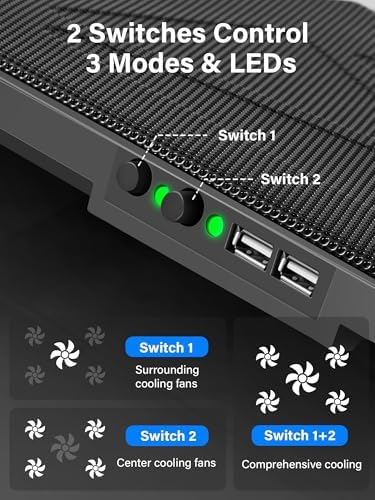 Kootek Laptop Cooling Pad Cooler Stand with 5 Quiet Fans for 12"-17" Laptop | 5 Fans, USB Powered, Laptop Cooling Stand with 2 USB Hub, 6 Adjustable Height, 360° Cooling Coverage, Anti-Slip, Blue LED