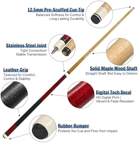 Pool Cue Sticks 4-Pack, 58 Inch Billiard Cues for Home & Bar Play, Solid Maple Wood Pool Sticks with 12.5mm Multi-Layer Leather Tip, Leather Grip
