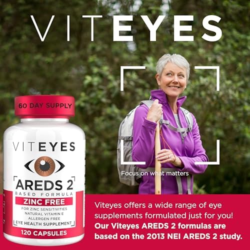 Viteyes AREDS 2 Zinc Free Macular Support, Natural Allergen Free Capsules with Vitamin E, Vitamin C, Lutein & Zeaxanthin, No Zinc, No Copper, Eye Doctor Trusted, Manufactured in the USA, 180 Ct