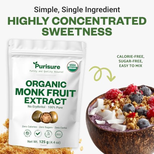 Organic Monk Fruit Extract Powder, 125g (4.4oz), No Fillers Pure USDA Organic Monk Fruit Extract Sweetener with No Aftertaste, Non-GMO, Zero Calorie & Zero Carbs, Keto & Paleo Friendly 403 Servings