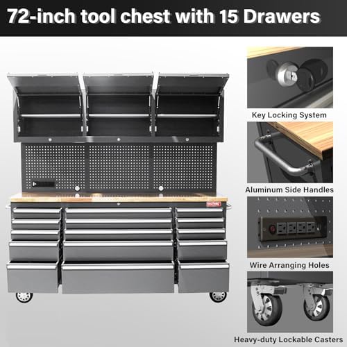 HAUTMEC 72" Rolling Tool Chest with 15 Lockable Drawers & 3 Upper Cabinets, Heavy-Duty 16-Gauge Steel Garage Workbench with Solid Oak Top