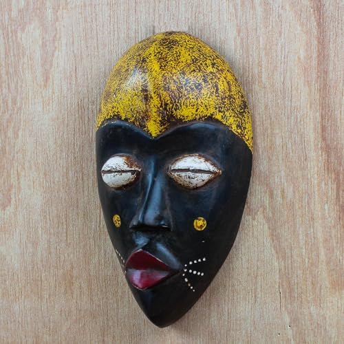 NOVICA Ghanaian Wood Mask, Black and Yellow, 'Adaoma Woman'