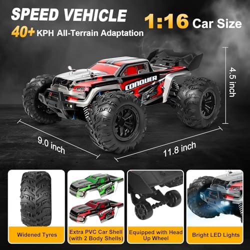 1:16 Scale All-Terrain RC Car for Adults - 40+KM/H High Speed 4WD Off-Road Remote Control Truck with 2 Rechargeable Batteries