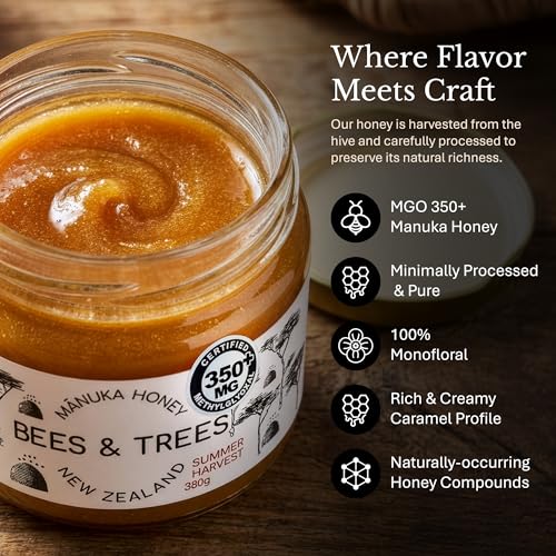 Bees & Trees Manuka Honey 550+ MGO - Raw Pure New Zealand Monofloral, 380g | Natural, Unpasteurized, Minimally Processed Mānuka Honey for Your Daily Routine, Tea, Coffee & Smoothies