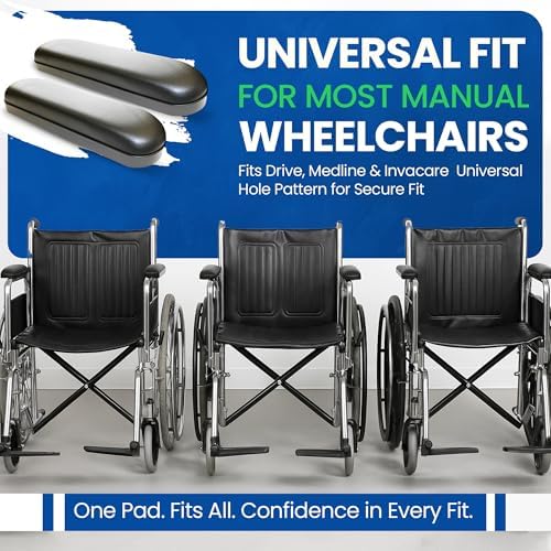 Healthline Padded Armrests for Wheelchair, Universal Arm Pads Replacement Black, 14’ Full Length (2)