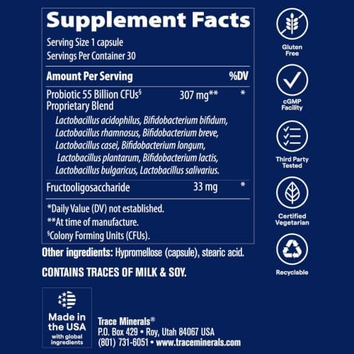 Trace Minerals Probiotic 55 Billion CFU, 30 Capsules | Multi-strain Lactobacillus and Bifidobacterium, enteric-coated delayed release, 1 daily capsule