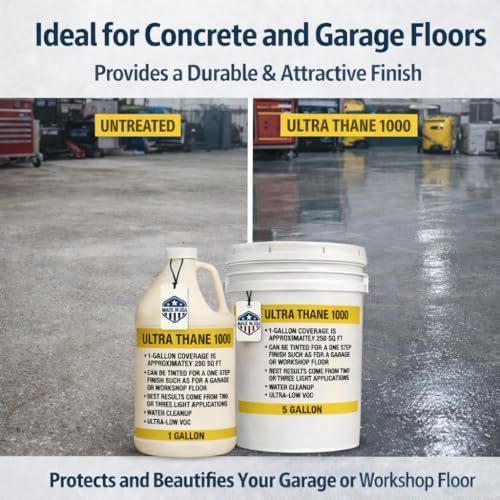 Ultra Thane 1000 Single Component Polyurethane Concrete Floor Sealer –UV & Stain-Resistant Aliphatic Urethane – Clear Protective Finish for Concrete, Overlays & Microtoppings - 5 Gallon