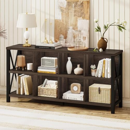 FATORRI 8 Cube Storage Organizer Bookshelf, 62 Inch Wood Horizontal Bookcase, Farmhouse Cube Long Book Shelf