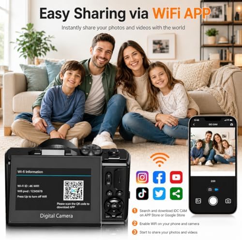 4K Digital Camera for Photography, 64MP Vlogging Camera for YouTube with 3" 180° Flip Screen, WiFi Compact Camera with 18X Digital Zoom, Comes with 32GB Micro SD Card & 2 Batteries, Black