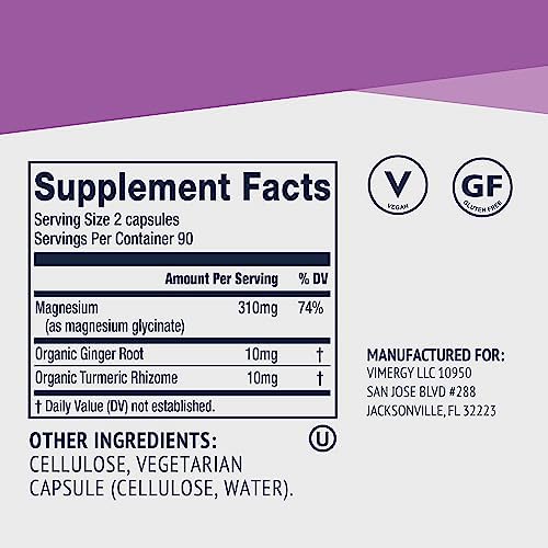 VIMERGY Magnesium Glycinate Supplement, Vegan, 180 Capsules, 90 Servings