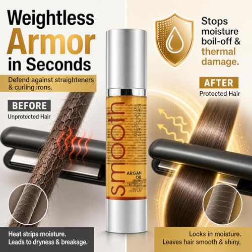 KERAGEN Heat Styling Hair Serum, Heat Protection Argan Oil, 1.7 oz | Organic argan oil, keratin and collagen support smoothening, softening and shine