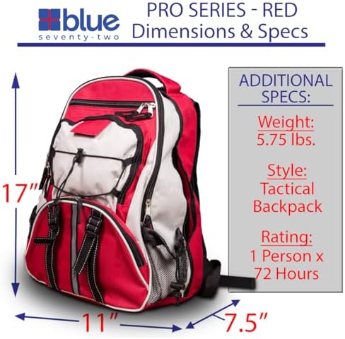 Blue Seventy-Two - Pro Series - Red Deluxe 72 Hour Emergency Backpack Survival Kit for 1 Person | Survival Kits for Emergencies (Includes Water