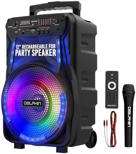 Dolphin Large Bluetooth Party Speaker with Trolley & Wheels, 12" Woofer | WaveSync Pairing, 5-Band EQ, Piezo Tweeter, USB, SD, FM & AUX Inputs