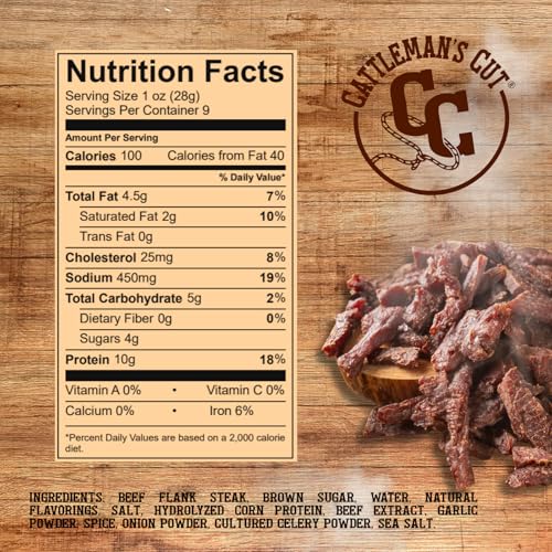 Cattleman's Cut Original Beef Jerky, Premium Marinated Steak High Protein Meat Snacks, Keto Friendly, Gluten Free, Carnivore Travel Snack, Resealable Bag, 10 Ounces