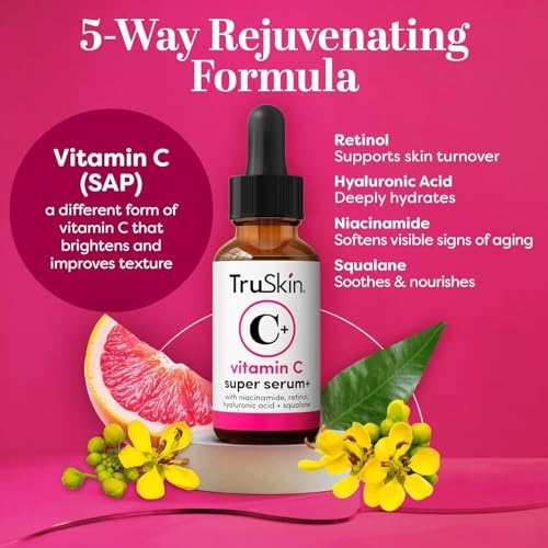 TruSkin Vitamin C Super Serum for Face, 5 Skin Benefits, 1 fl oz | Vitamin C, Retinol, Niacinamide, Hyaluronic Acid and Squalane to brighten, firm, smooth, hydrate, and refine skin