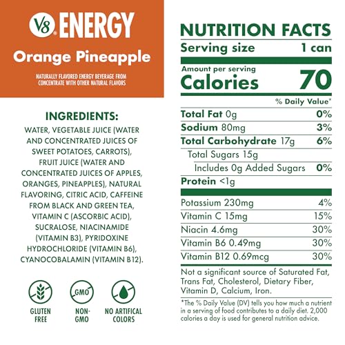 V8 Energy Orange Pineapple Energy Drink, 11.5 fl oz Can (12 Pack)