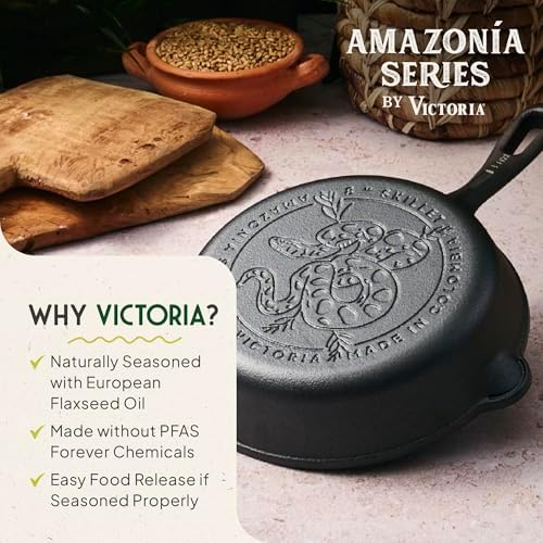 Victoria 10-Inch Cast Iron Skillet, Pre-Seasoned Cast-Iron Frying Pan with Long Handle, Made in Colombia | Pan with Long Handle, Made in Colombia