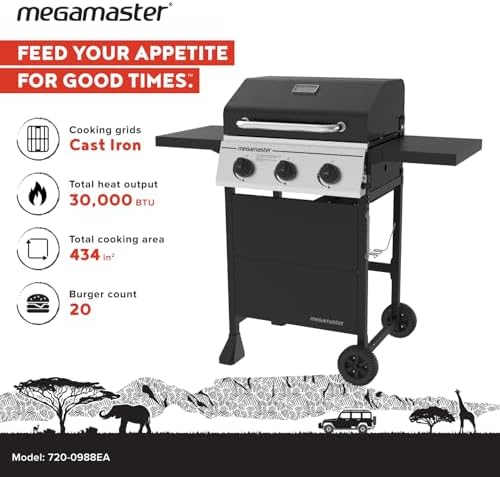 Megamaster Propane 3 Burner Gas Grill, Foldable Shelves with Warming Rack