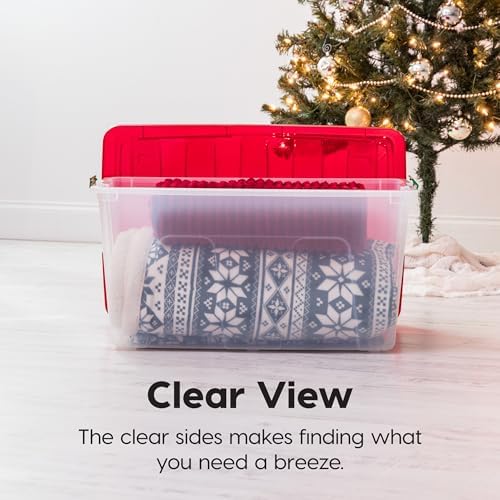 IRIS USA 2-Pack Holiday Ornament Storage Box with Attached Lid, Clear/Red