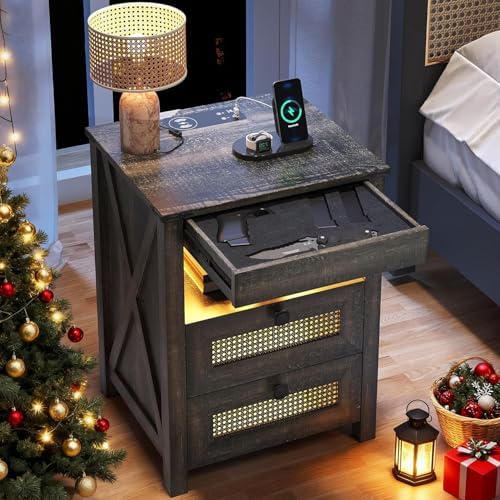 LED Night Stand with Gun Drawer & Charging Station | Human Sensor Lights, Hidden Storage, Farmhouse Rattan Style, 3 Drawers, Bedside Table for Bedroom, End Tables Livingroom
