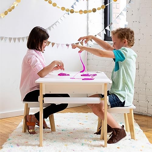 Wildkin Kids Arts & Crafts Table Set – Mid-Century Modern Design with 2 Stools, Storage Cubbies & Paper Roll - White