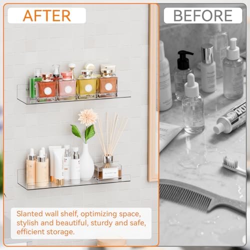 2 Pack Clear Acrylic Shelves for Wall with Adhesive, 15 Inch No Drill Floating Shelves for Bathroom, Bedroom, Renter Friendly, Kids Room Bookshelf