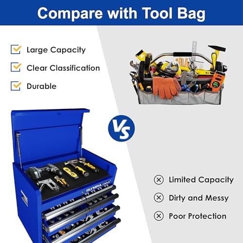 Olympia Tools 72 inch Heavy Duty Mobile Tool Chest Tool Box, with Solid Wood Top Workbench, 15-Drawer Rolling Tool Chest, Tool Storage Organizer for Garage, Workshop, and Home, Black