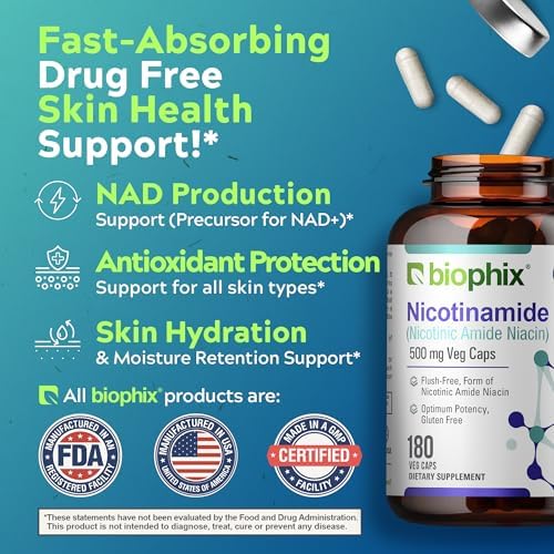 biophix B-3 Nicotinamide 500 mg 180 Vcaps - Nicotinic Amide Niacin Natural Flush-Free Vitamin Formula - Supports Skin Cell Health