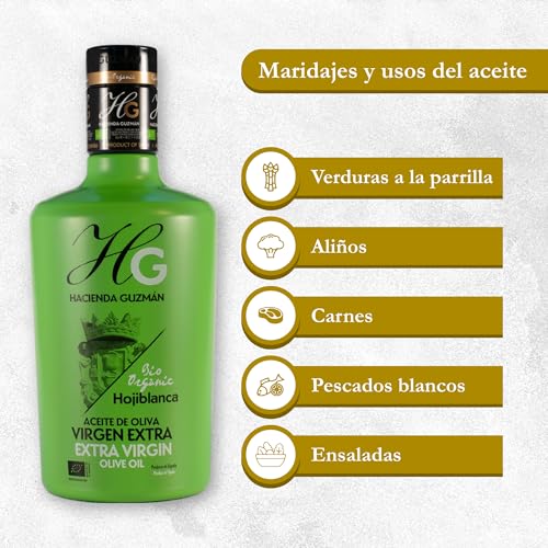 HACIENDA GUZMÁN - Organic and Bio Extra Virgin Olive Oil Hojiblanca. Ideal for grilled or fresh vegetables and white fish. Available in 16.9 FL OZ