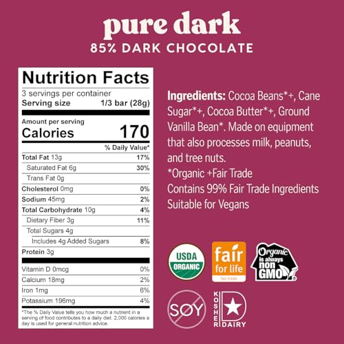 Theo Chocolate Pure Organic Dark Chocolate Bar 85% Cacao, 12 Pack | Vegan, Fair Trade