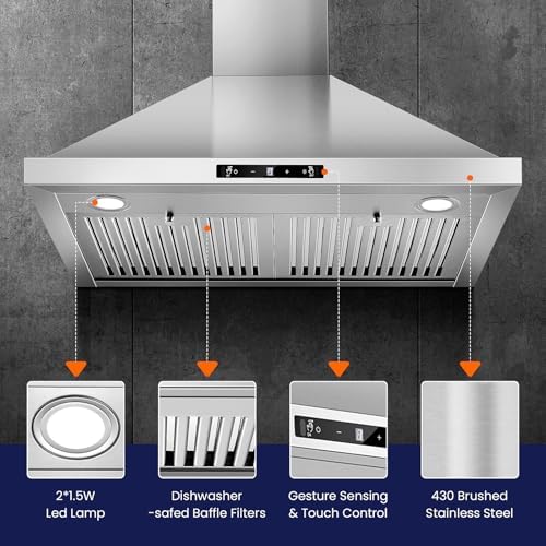 Tieasy Wall Mount Range Hood 30 inch Kitchen Hood 700 CFM with Ducted/Ductless Convertible Duct, Touch Control, Permanent Filters, Stainless Steel