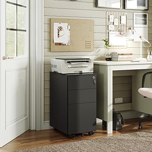 DEVAISE 3 Drawer Mobile File Cabinet with Lock, Under Desk Metal Filing Cabinet for Home Office/Legal/Letter/A4 File, Fully Assembled Except Wheels, Black