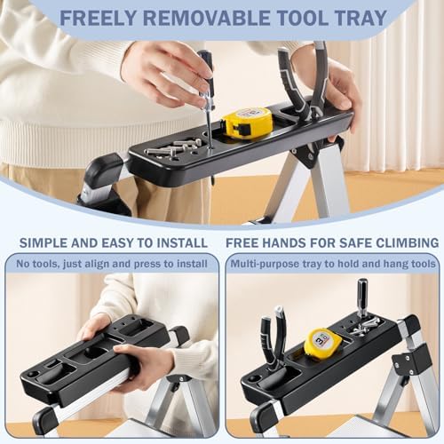 XinSunho 3 Step Ladder, Aluminum Folding Stool with Retractable Handgrip
