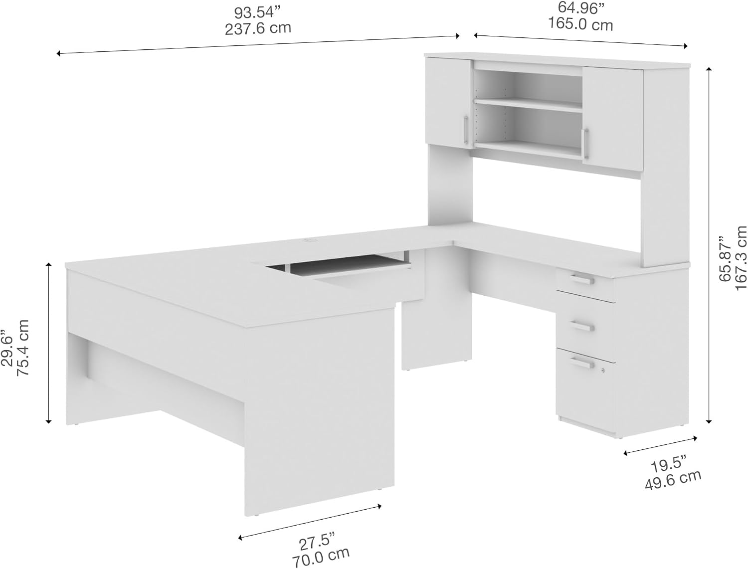 Bestar U Shaped Desk with Drawers, Hutch, and Keyboard Tray, Executive Workstation for Home or Professional Office, 65 Inches, Ridgeley Collection, White Chocolate