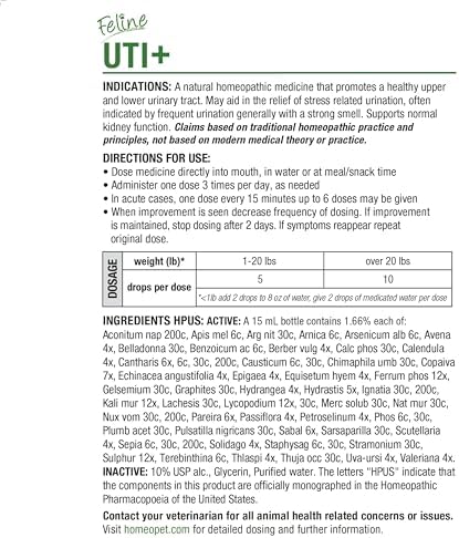 HomeoPet Feline UTI+ Urinary Tract Supplement for Cats, 15 Milliliters | Natural urinary tract support for cats, safe and gentle homeopathic formula, liquid drops suitable for daily use