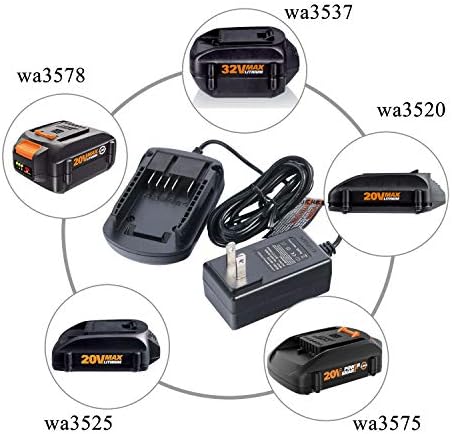 WA3742 Charger for 20V Lithium Battery WA3520 WA3525 WA3578, Cell9102 Replacement Worx Battery Charger 20V WA3732 WA3875 WA3881