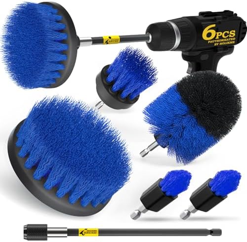 Holikme 6Pc Drill Brush Set - Soft Bristles with Extension for Home Clean | 5 Head Sizes, Yellow Nylon Fibers, Power Scrubber Attachments for Tile, Tub, Shower, Floors, Kitchen and Auto Interior Care