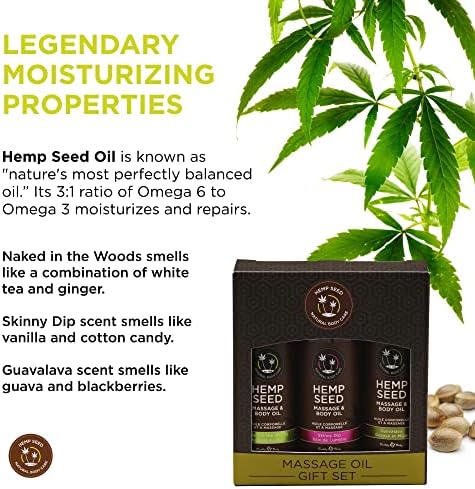 Hemp Seed Massage & Body Oil Gift Set - 2 oz Naked in the Woods, Skinny Dip & Guavalava Scents - with Hemp Seed, Apricot
