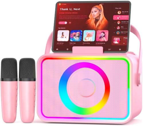 Karaoke Machine for Kids Adults,Portable Bluetooth Speaker with 2 Wireless Microphone with LED Lights, Karaoke Microphone with PA System Supports USB/TF/AUX,Gift for Party (Black)